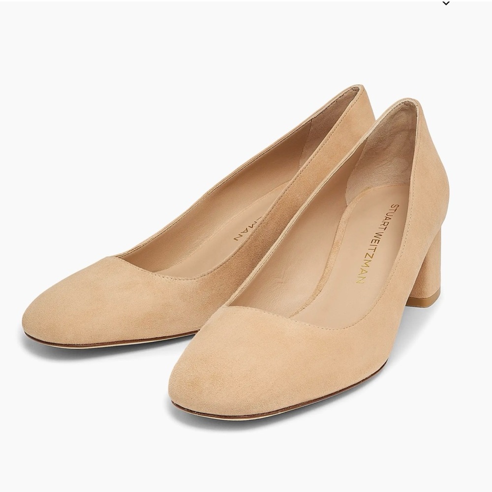 Stuart Weitzman Warm Nude Suede Mary Ann Block heels